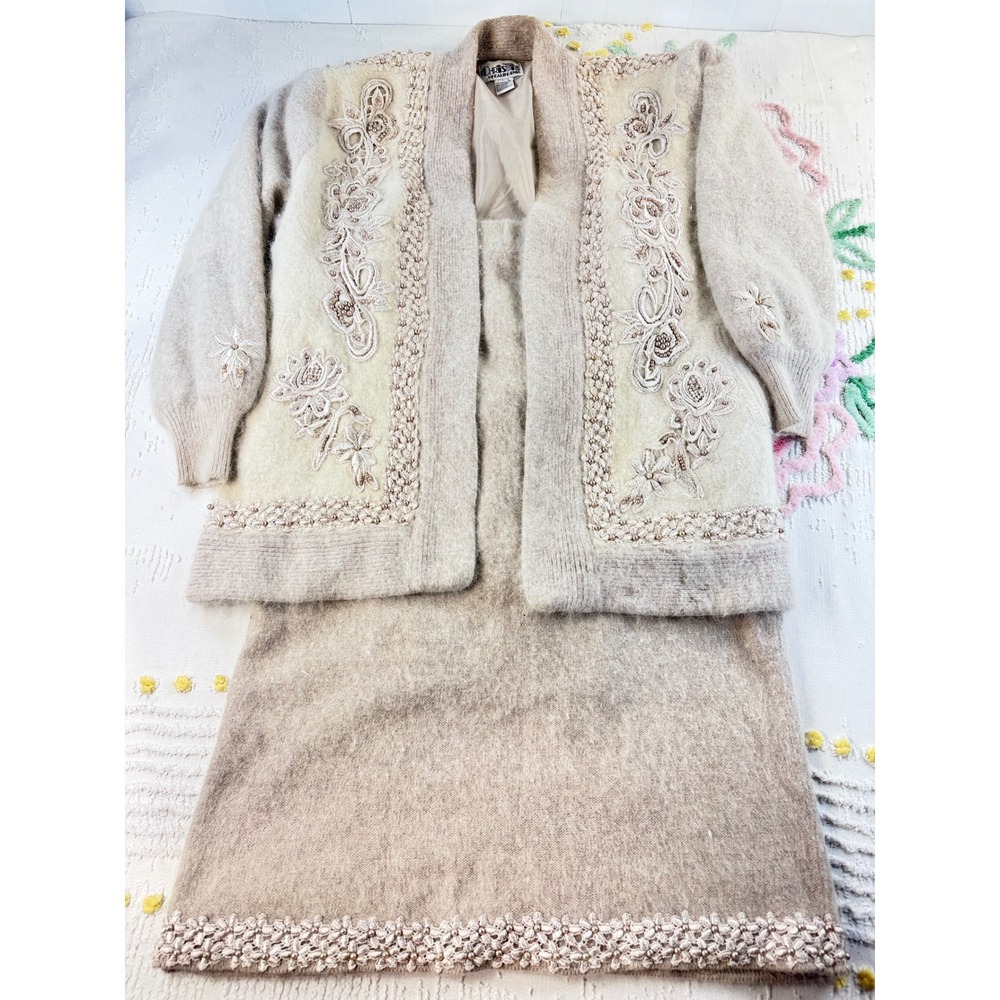 Vintage Christie of California Angora Blend Skirt Set Floral Beaded Beige L